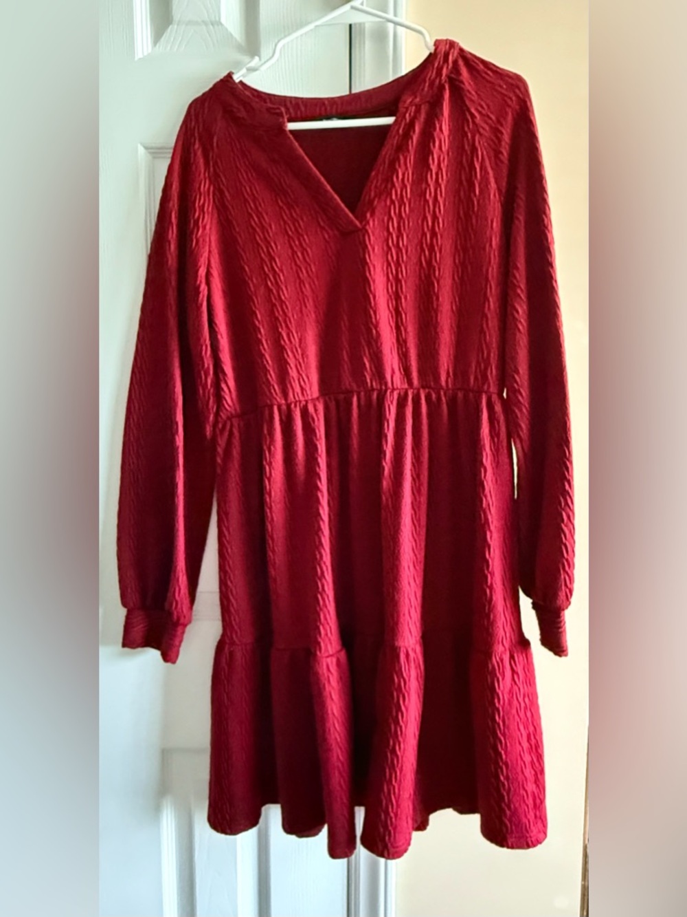 Textured Deep Red V-Neck Long Sleeve Dress